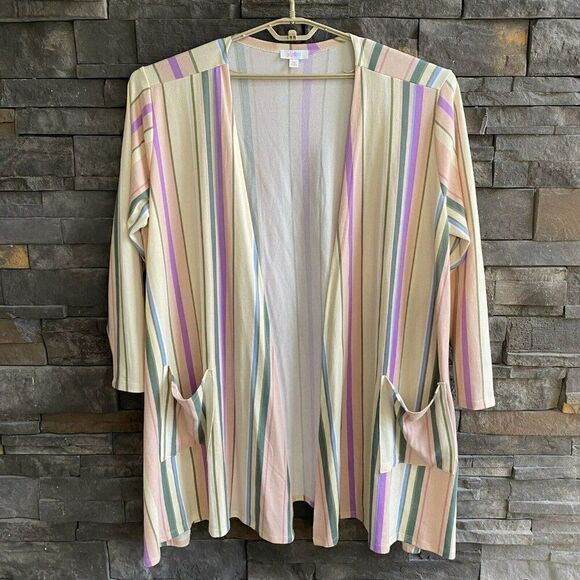 LuLaRoe Sweaters - Lularoe Caroline Cardigan Colorful Stripes Pastels Cover Up Pockets 3XL‎
